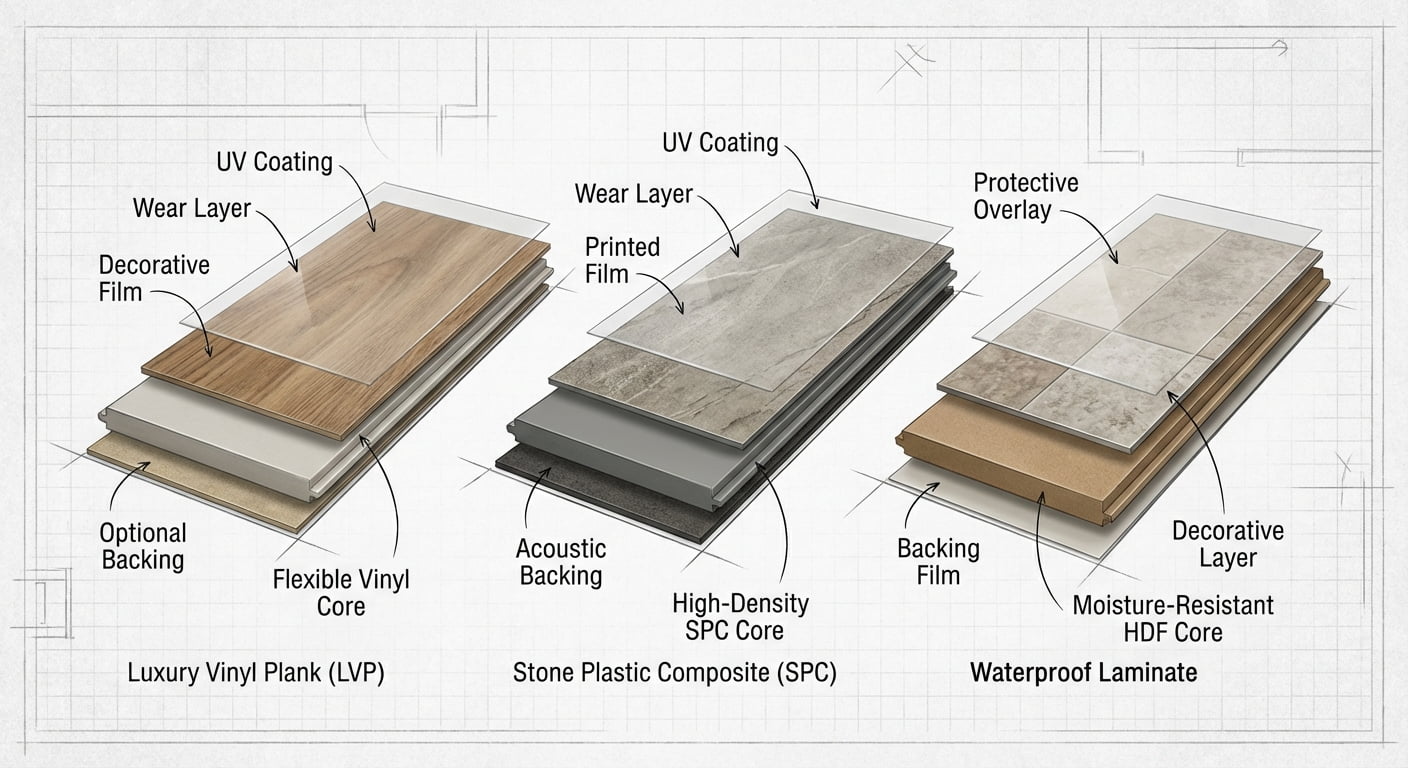 A clear, technical diagram showing the layered construction of LVP, SPC, and waterproof laminate flooring.