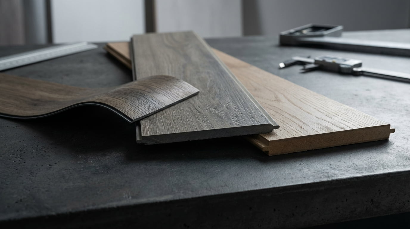 A dynamic composition of LVP, SPC, and waterproof laminate flooring samples on a modern industrial worktable.