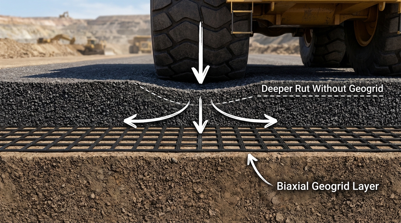 Cross-section diagram illustrating how a biaxial geogrid layer reinforces a mining haul road