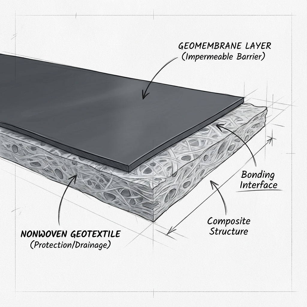 Detailed cross-section illustration of a geotextile composite geomembrane