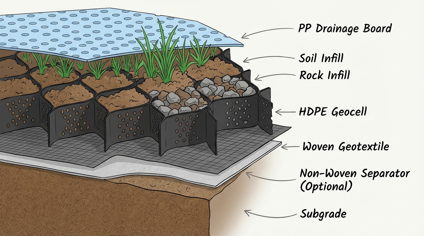 Cross-section diagram showing geocell slope stabilization layers: subgrade, optional non-woven separator, woven geotextile, HDPE geocell, infill, vegetation/rock, and drainage board