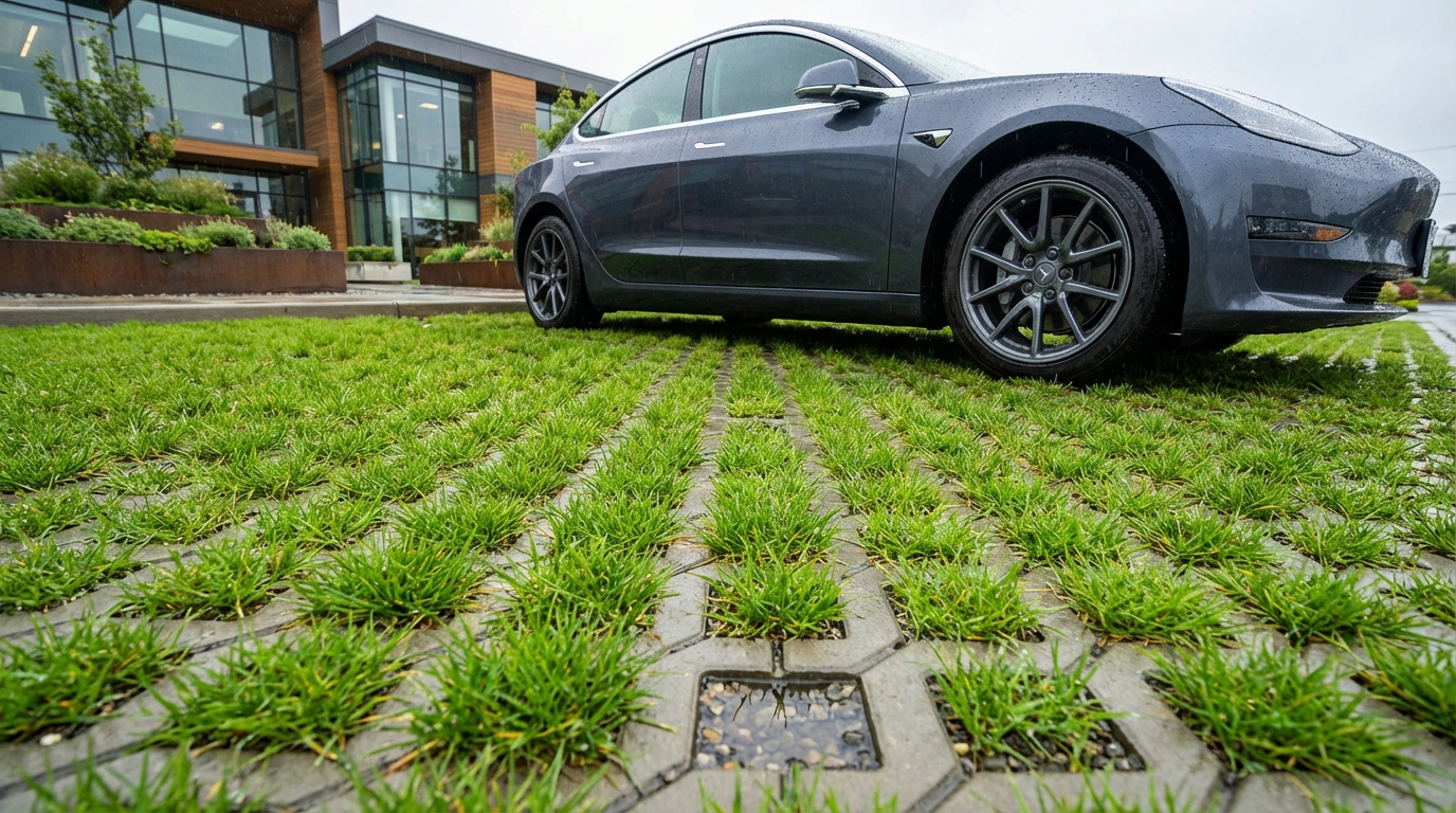 A modern electric car parked on a vibrant green parking lot made of plastic grass pavers, with rainwater visibly seeping into the turf.