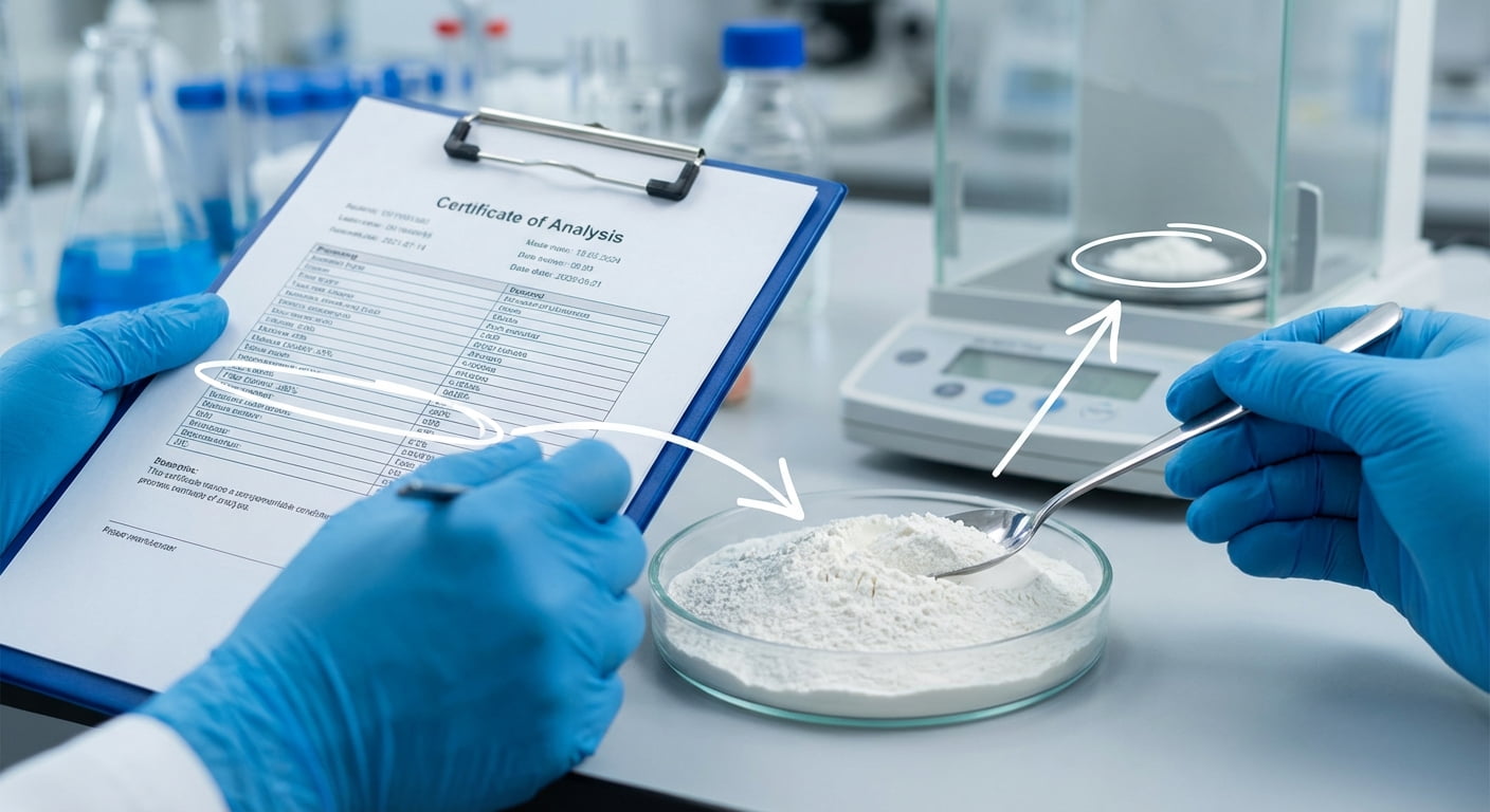 Expert en assurance qualité auditant un certificat d'analyse (COA) pour les excipients