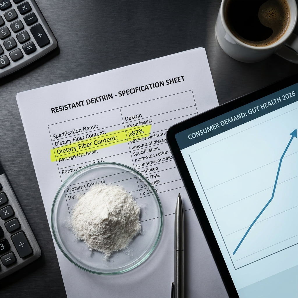 구매처에서 저항성 덱스트린의 기술 사양 및 COA(분석증명서)를 전시하고 있습니다.