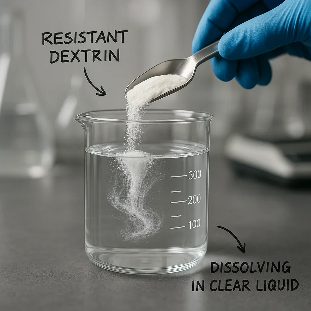 Gros plan sur de la poudre de dextrine résistante se dissolvant parfaitement dans une boisson limpide et peu sucrée, sans trouble ni sédiment.