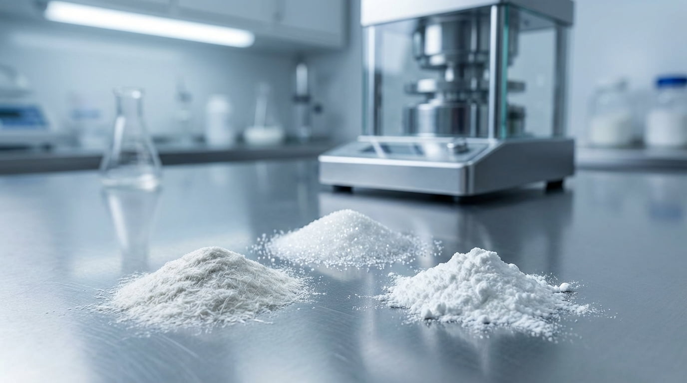 لافتة مفاهيمية تعرض ثلاثة سواغات صيدلانية رئيسية - السليلوز الميكروكريستالي واللاكتوز وستيرات المغنيسيوم - مرتبة على سطح من الفولاذ المقاوم للصدأ في مختبر حديث.