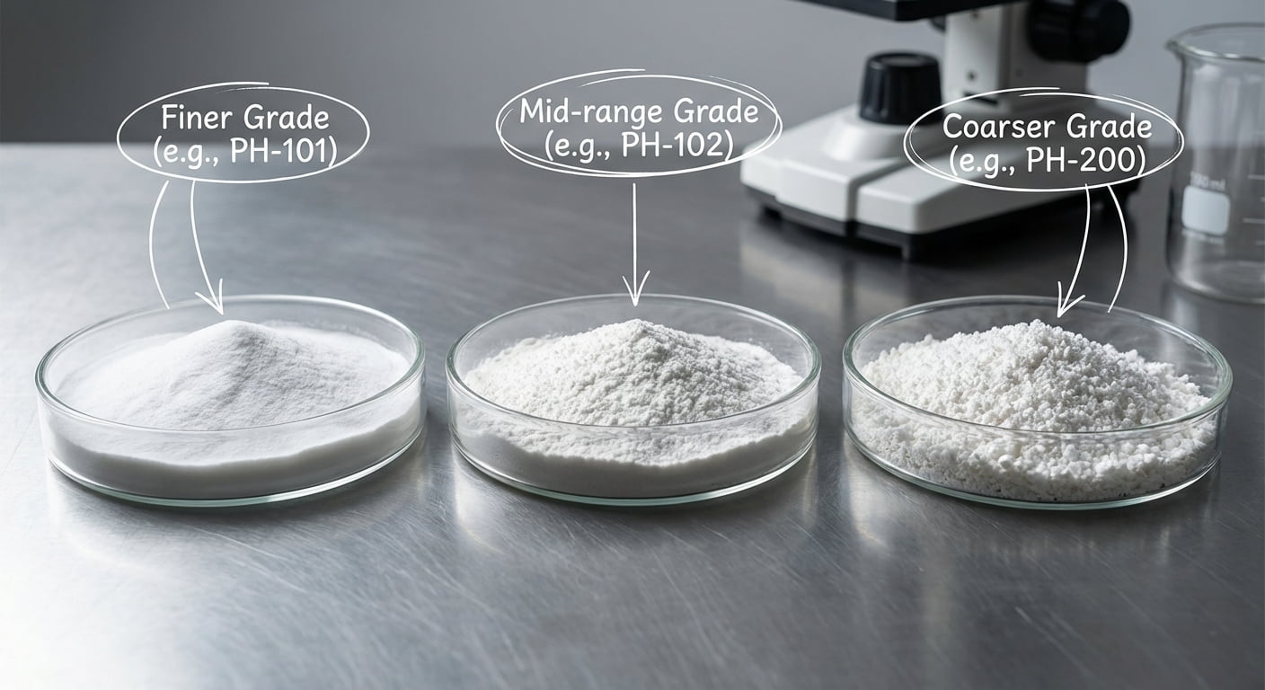 صورة علمية تقارن بين ثلاث درجات مختلفة من مسحوق السليلوز البلوري الدقيق، مُصنفة لإظهار الاختلافات في حجم الجسيمات من الناعم إلى الخشن.