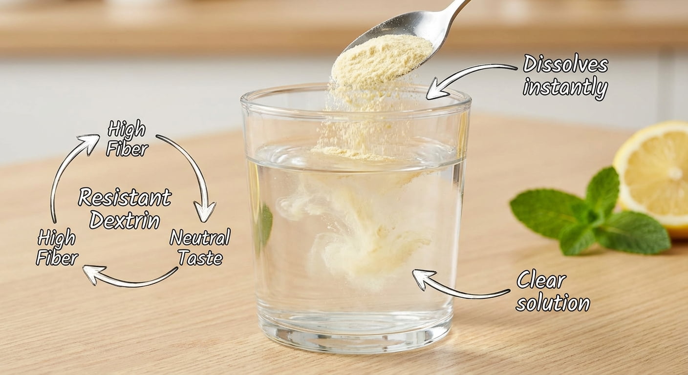 Poudre de dextrine résistante se dissolvant complètement dans l'eau, démontrant une solubilité élevée.