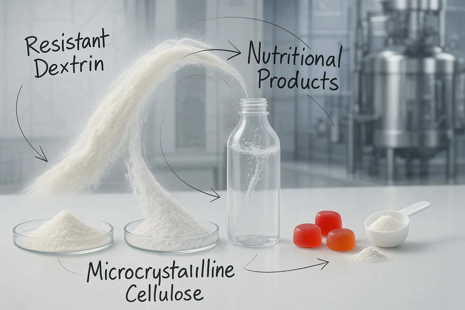 Ingrédients de dextrine résistante et de MCC utilisés dans les produits nutritionnels modernes riches en fibres