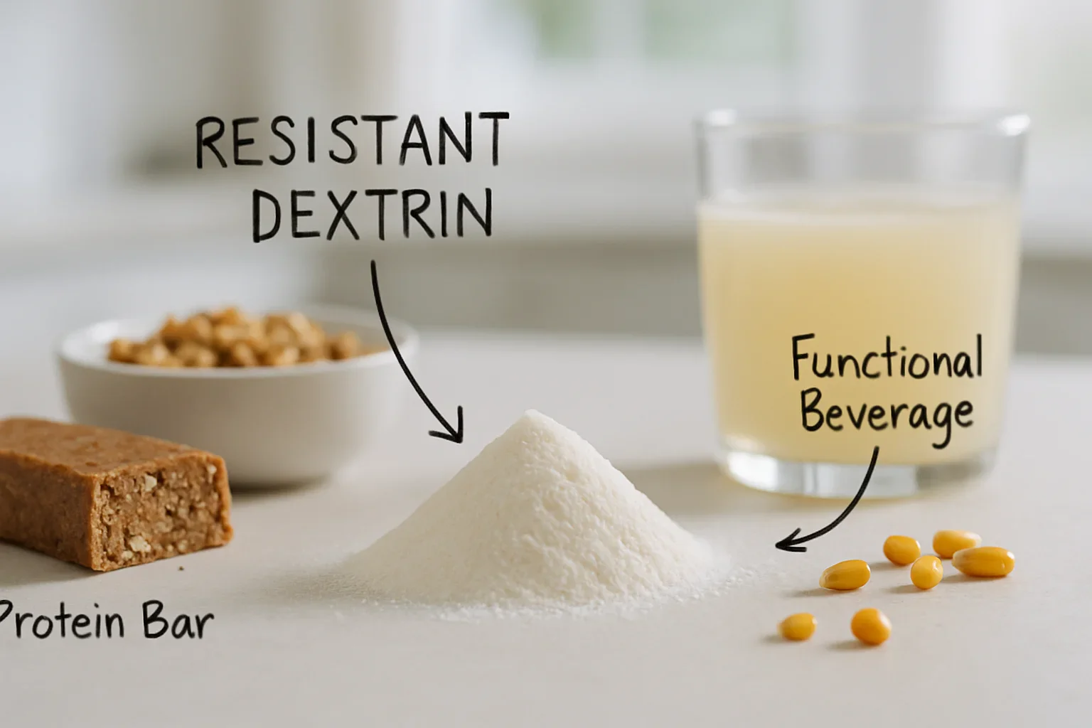 يتم عرض مسحوق الدكسترين المقاوم مع الأطعمة الوظيفية الصحية