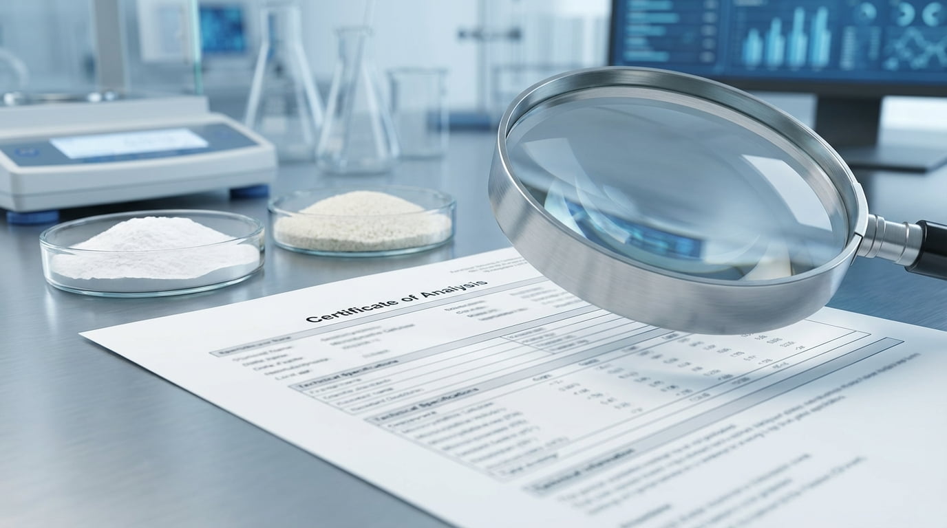 Image conceptuelle représentant le contrôle de la qualité et la conformité lors de l'approvisionnement en ingrédients comme la MCC et la dextrine résistante en provenance de Chine.