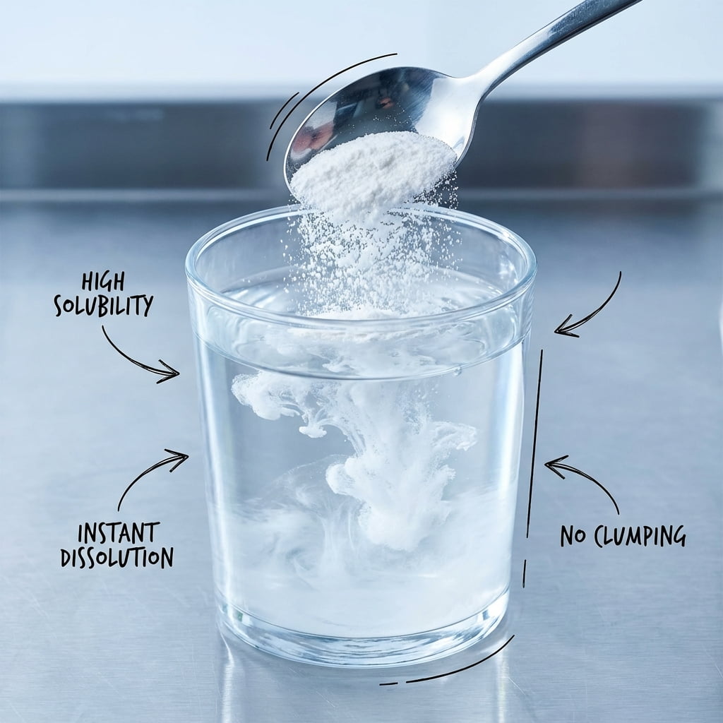 لقطة مقرّبة تُظهر مسحوق دكسترين التابيوكا العضوي المقاوم وهو يذوب تمامًا في السائل