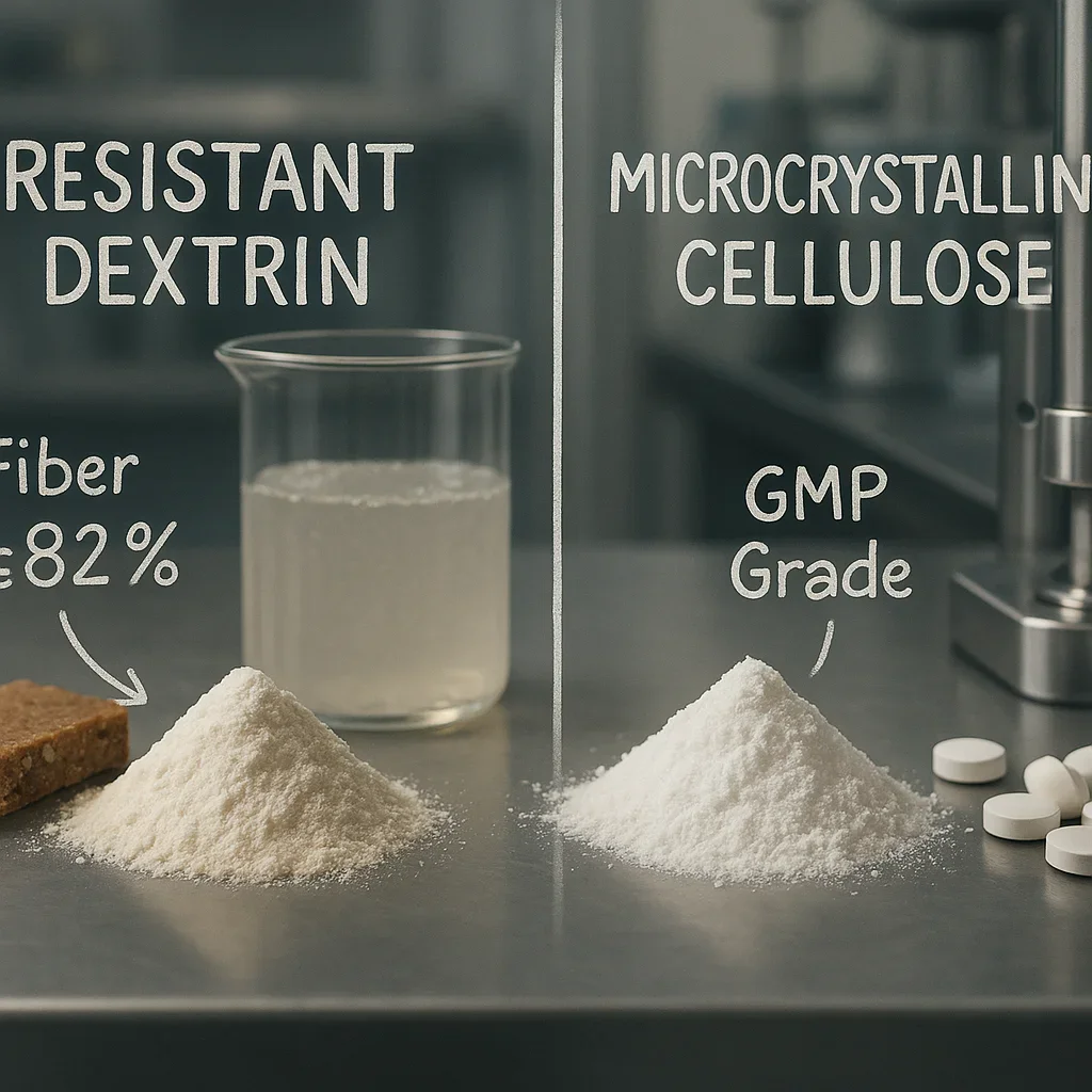 Comparaison visuelle des contrôles de qualité de la dextrine résistante et de la cellulose microcristalline en laboratoire.