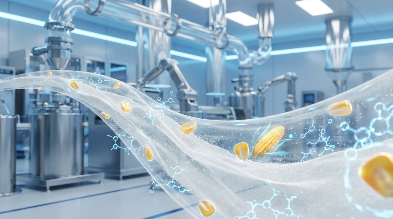 Une image conceptuelle futuriste représentant les tendances technologiques de 2026 dans la chaîne d'approvisionnement de la dextrine résistante