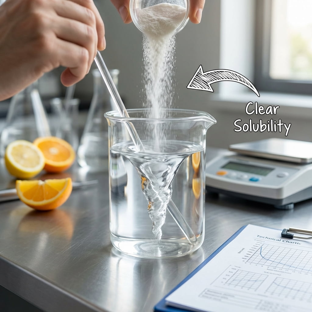 Poudre de dextrine résistante se dissolvant clairement dans un liquide, démontrant une solubilité élevée.