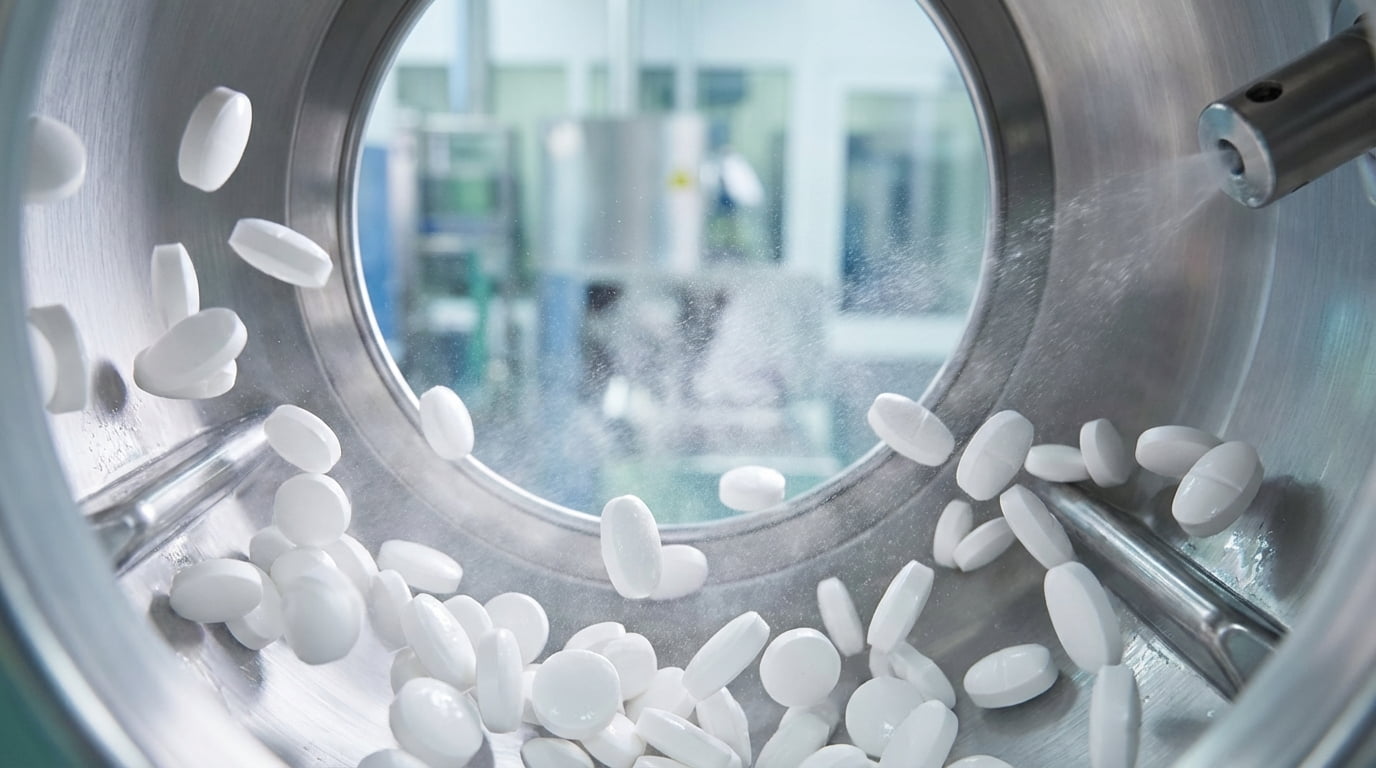 عملية صيدلانية عالية التقنية لتغليف الأقراص بغشاء رقيق