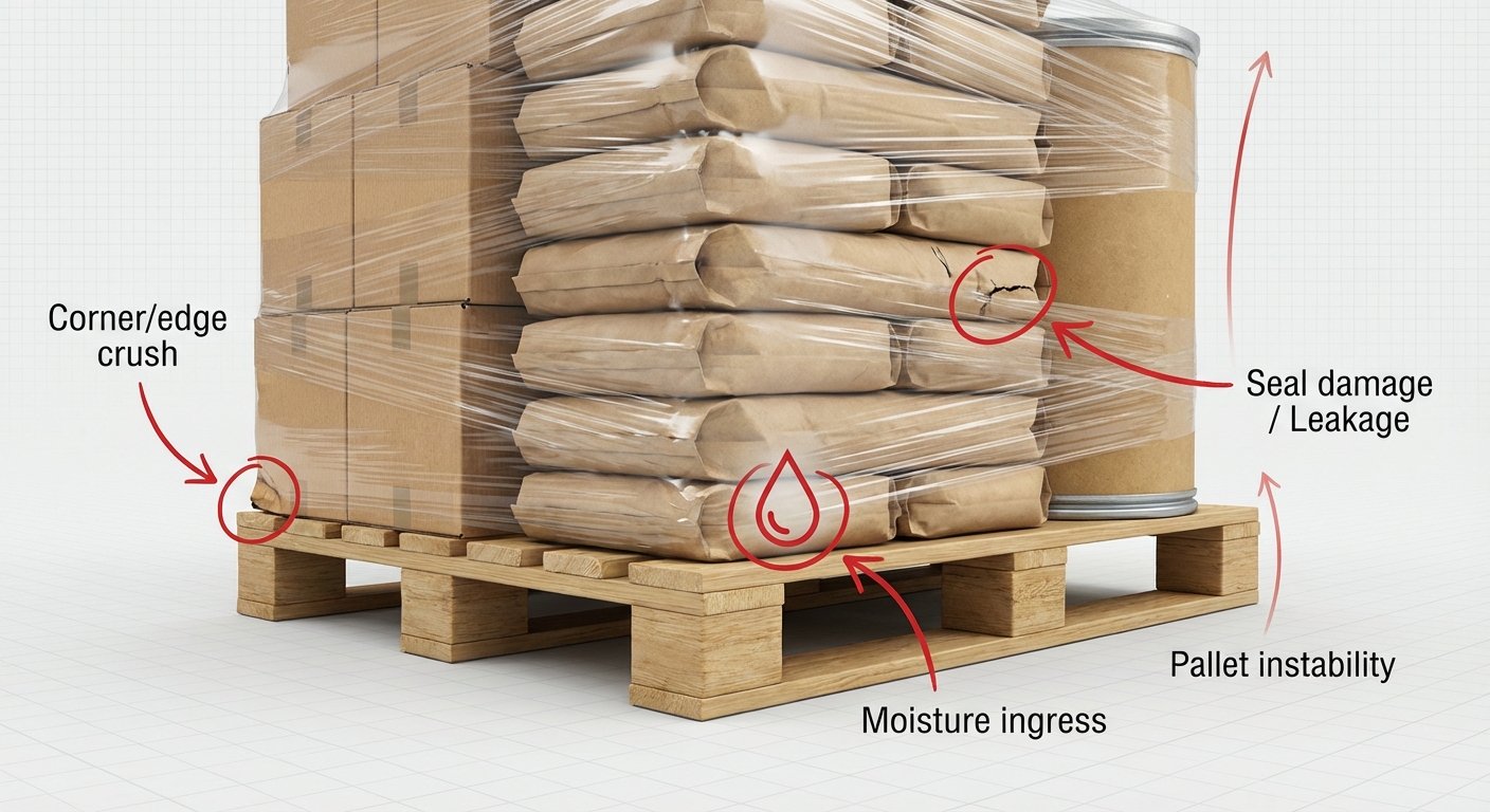 Bulk ingredient packaging failure modes infographic showing corner crush and moisture ingress