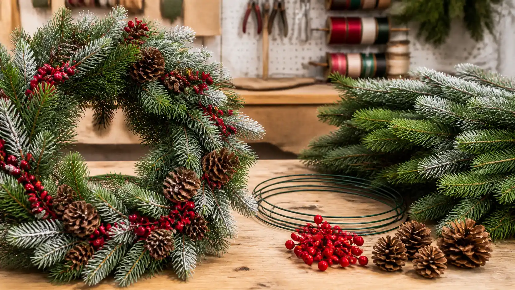 Finished wreath beside separate production components