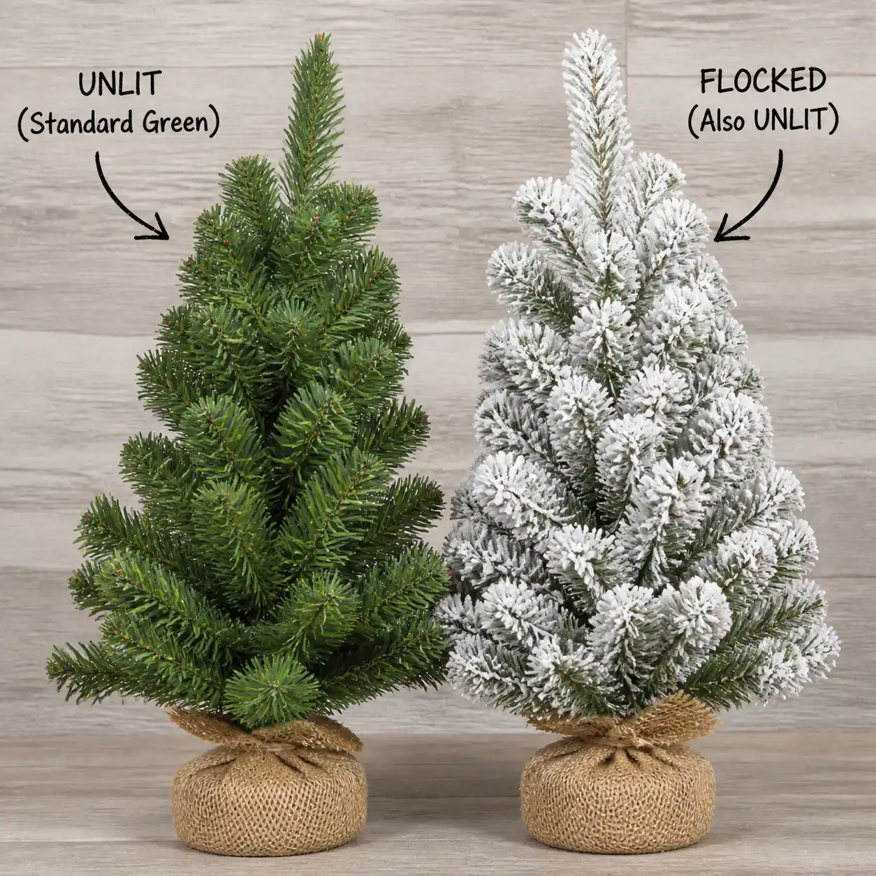 Unlit green and flocked tree comparison