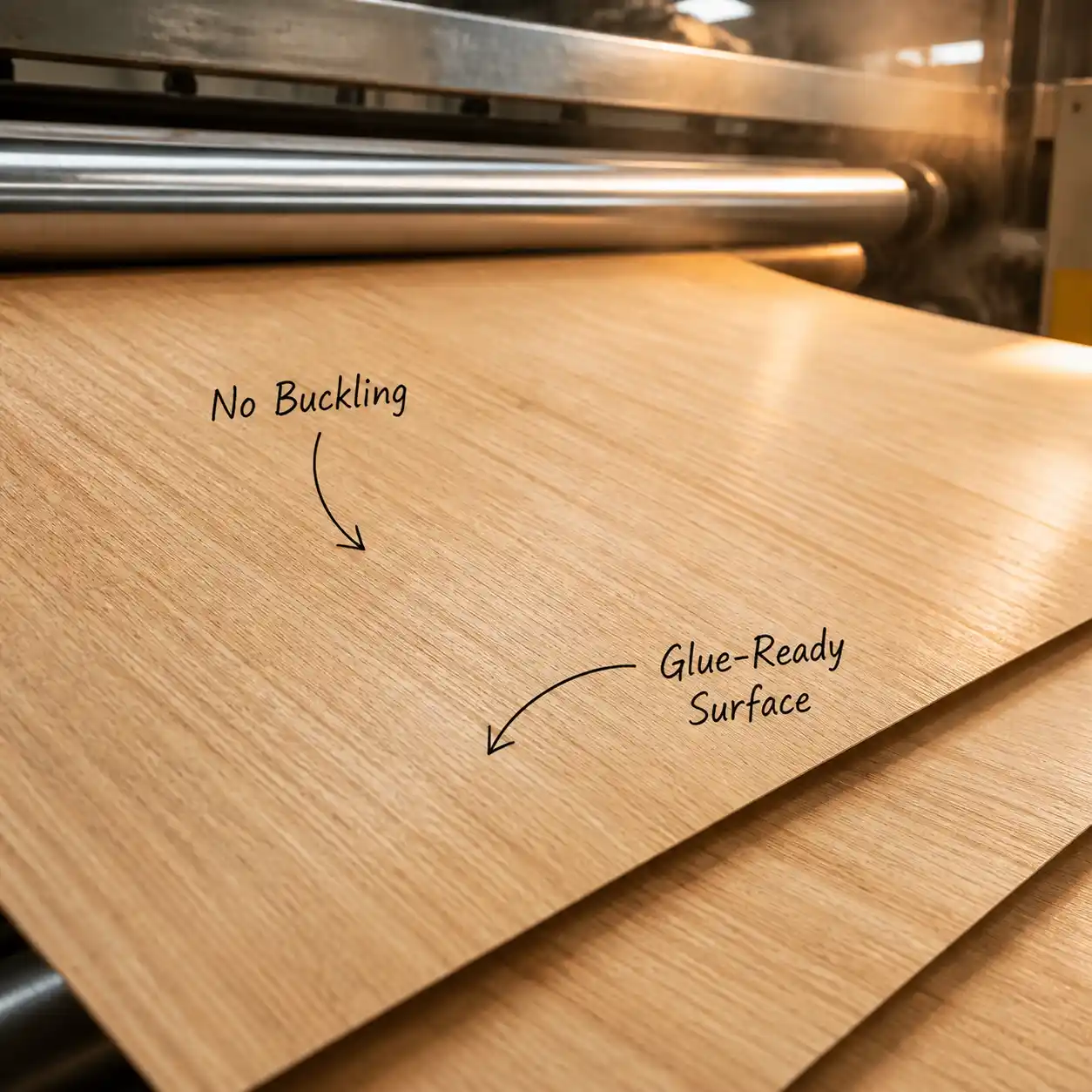 Flat smooth veneer exiting roller dryer