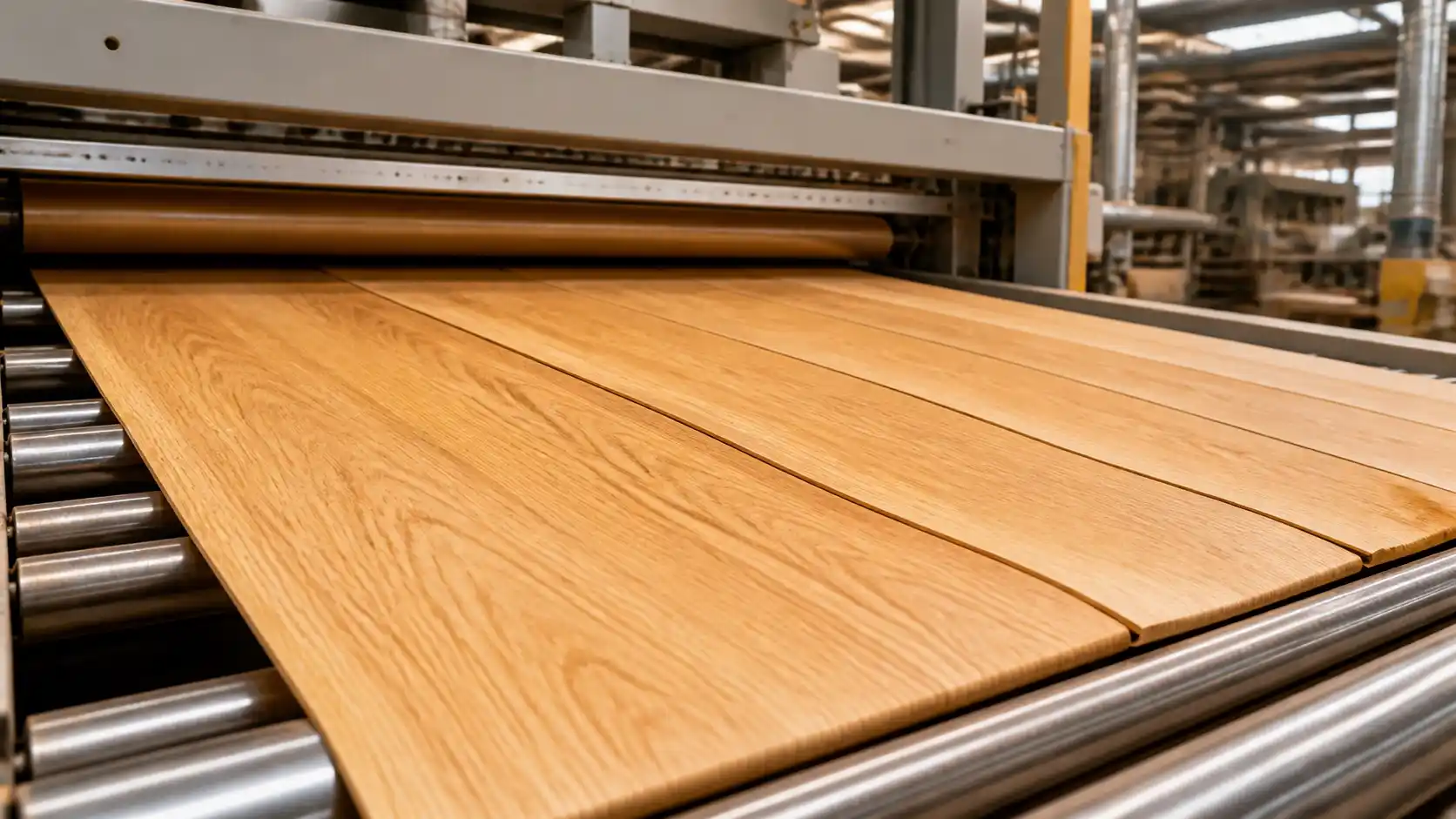 Flat oak veneer sheets leaving roller dryer