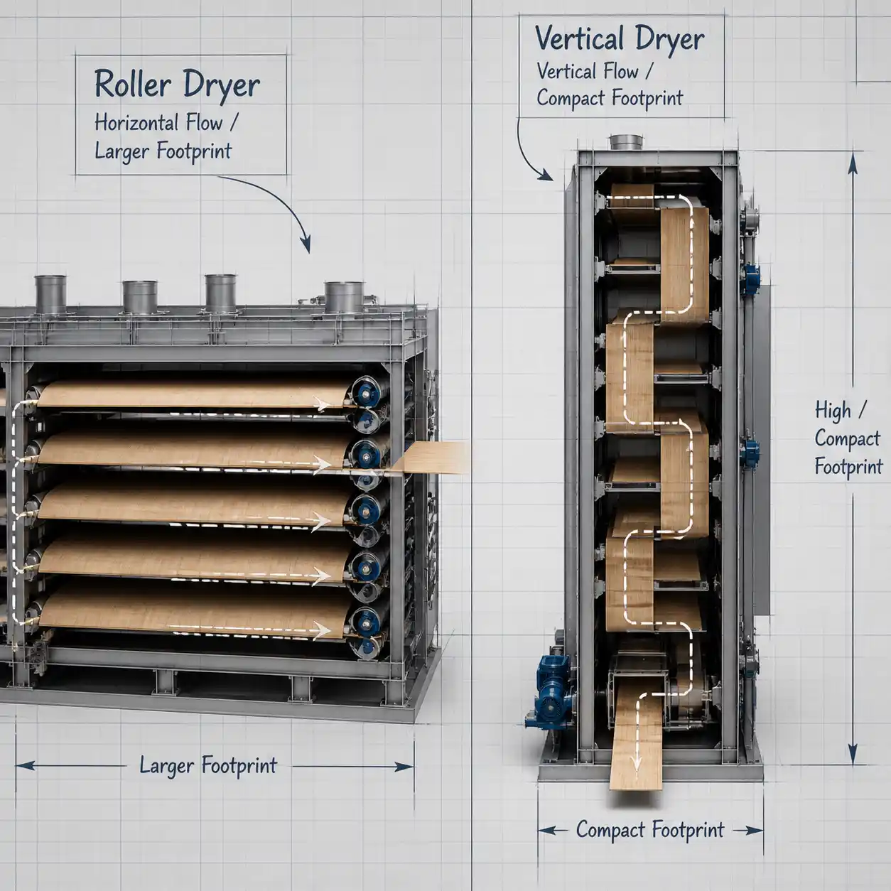 Comparison of roller and vertical veneer dryers