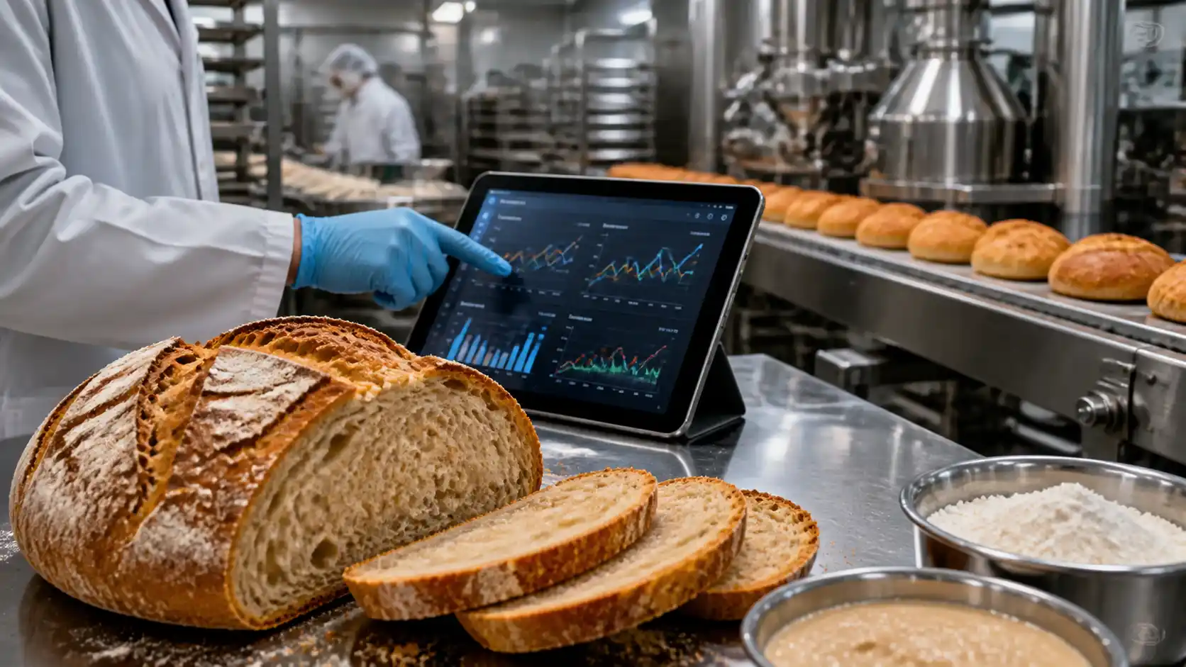 Boulangerie industrielle avec analytique et produits de boulangerie