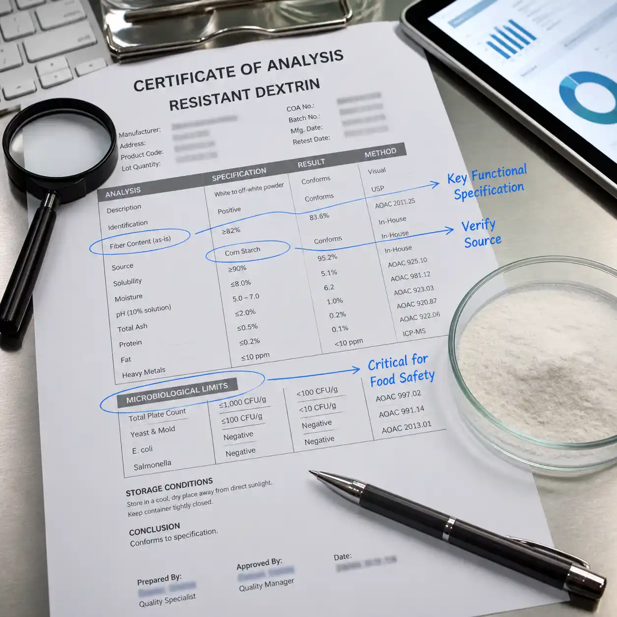 Certificate of analysis for dextrin