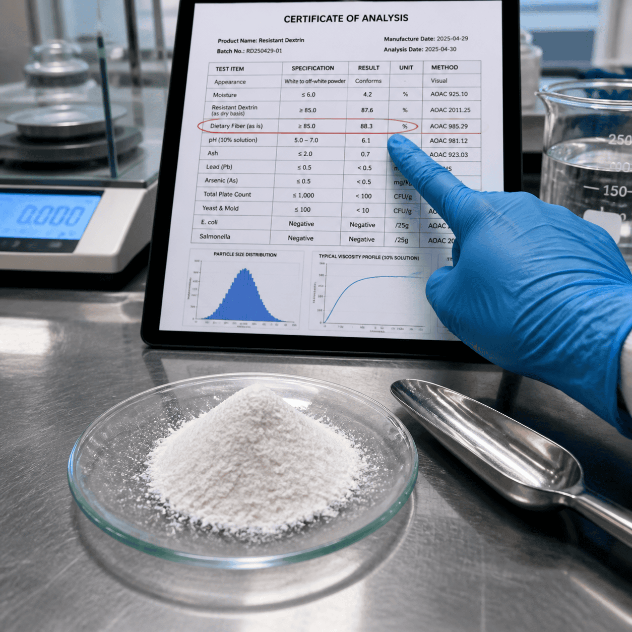 Inspecting resistant dextrin powder against technical specification sheet.