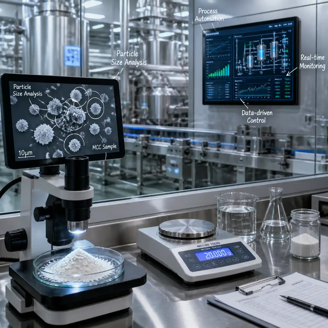 Laboratório moderno de controle de qualidade monitorando especificações de ingredientes de fibra