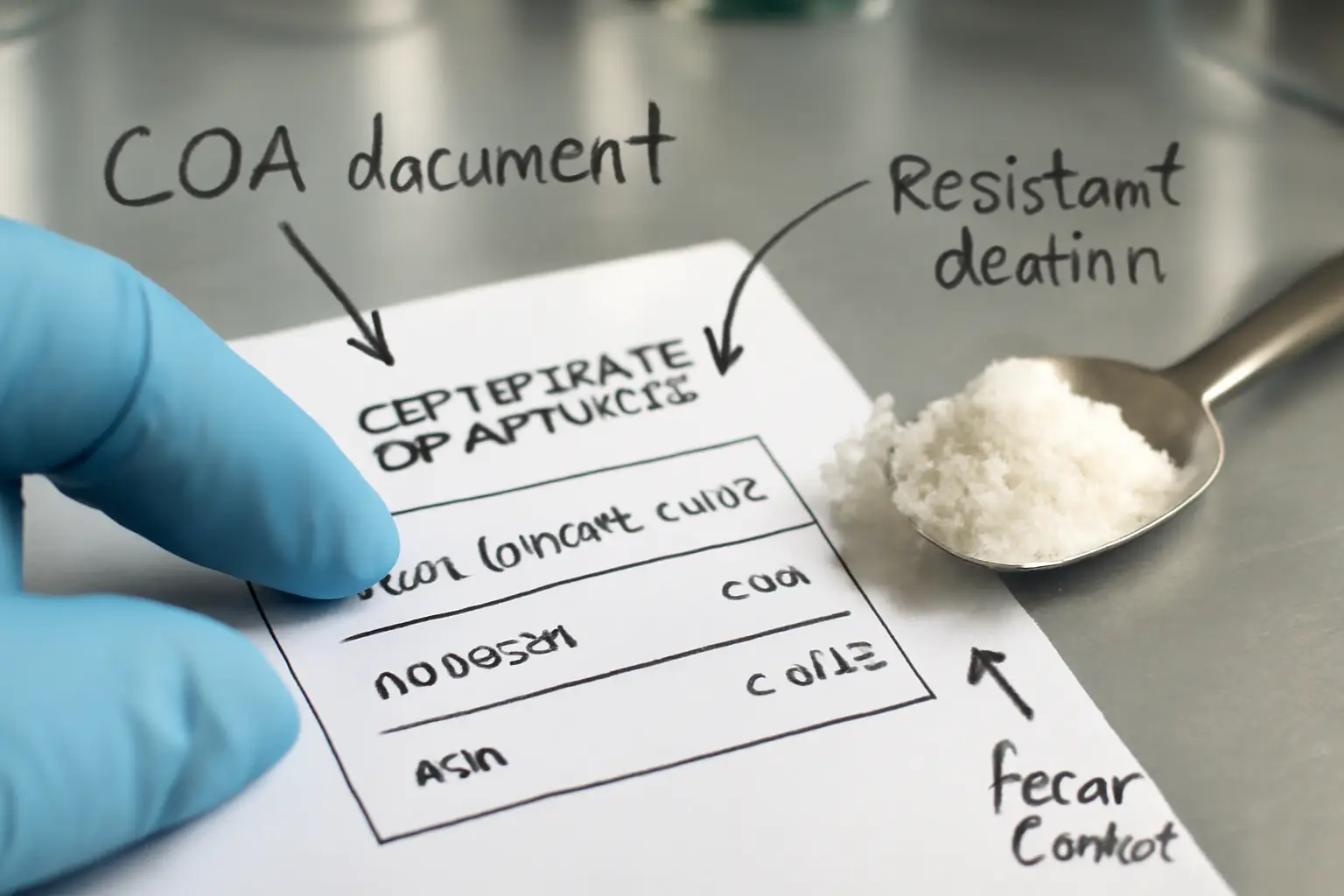 A close-up of a COA document and resistant dextrin powder.