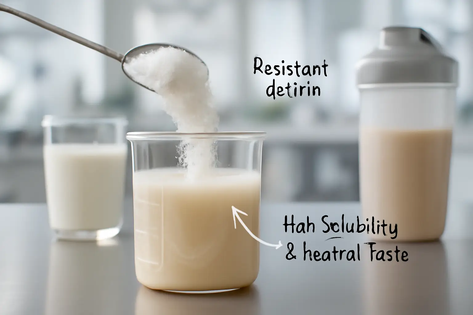 Resistant dextrin powder dissolving cleanly into a plant-based beverage.