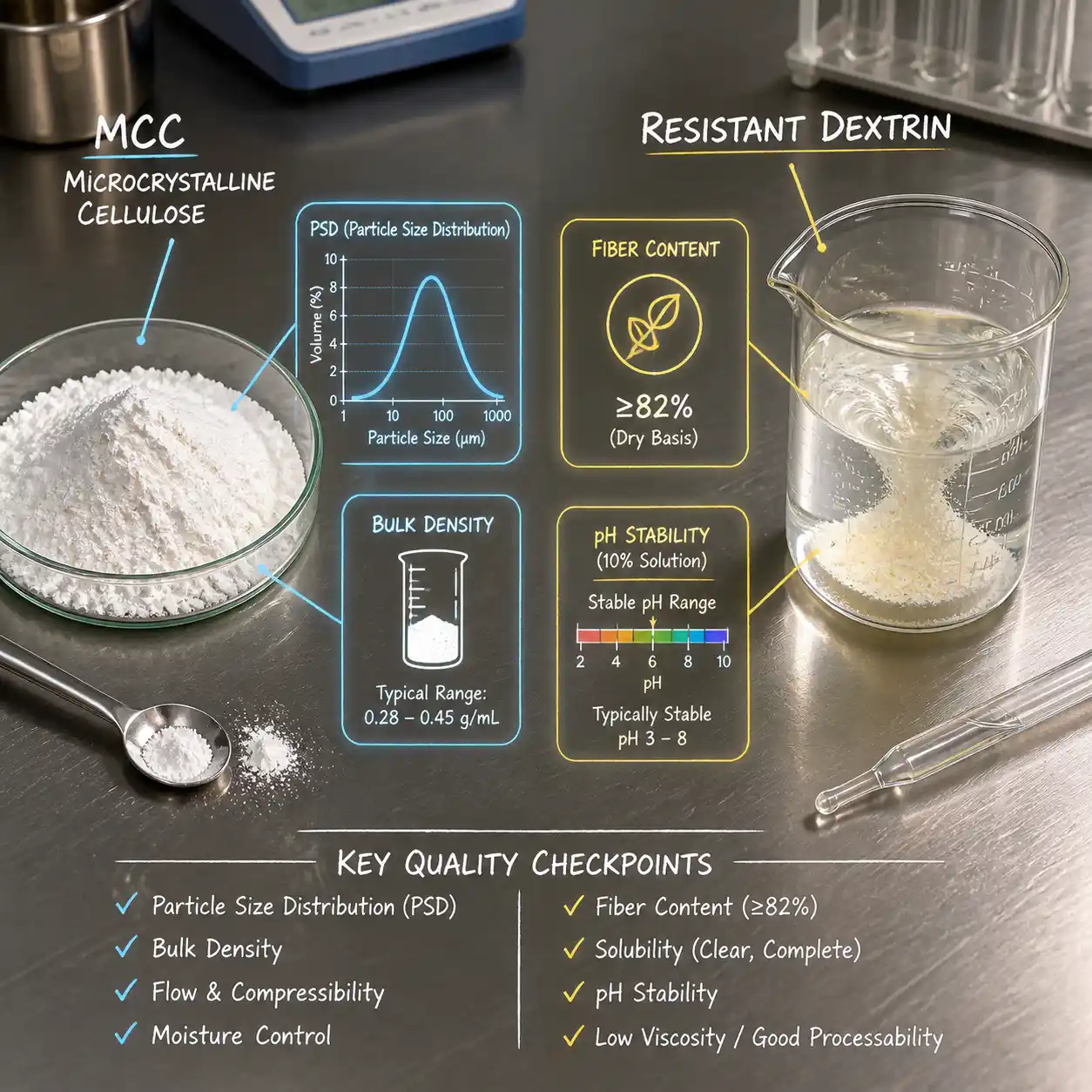 Quality checkpoints for MCC and resistant dextrin.