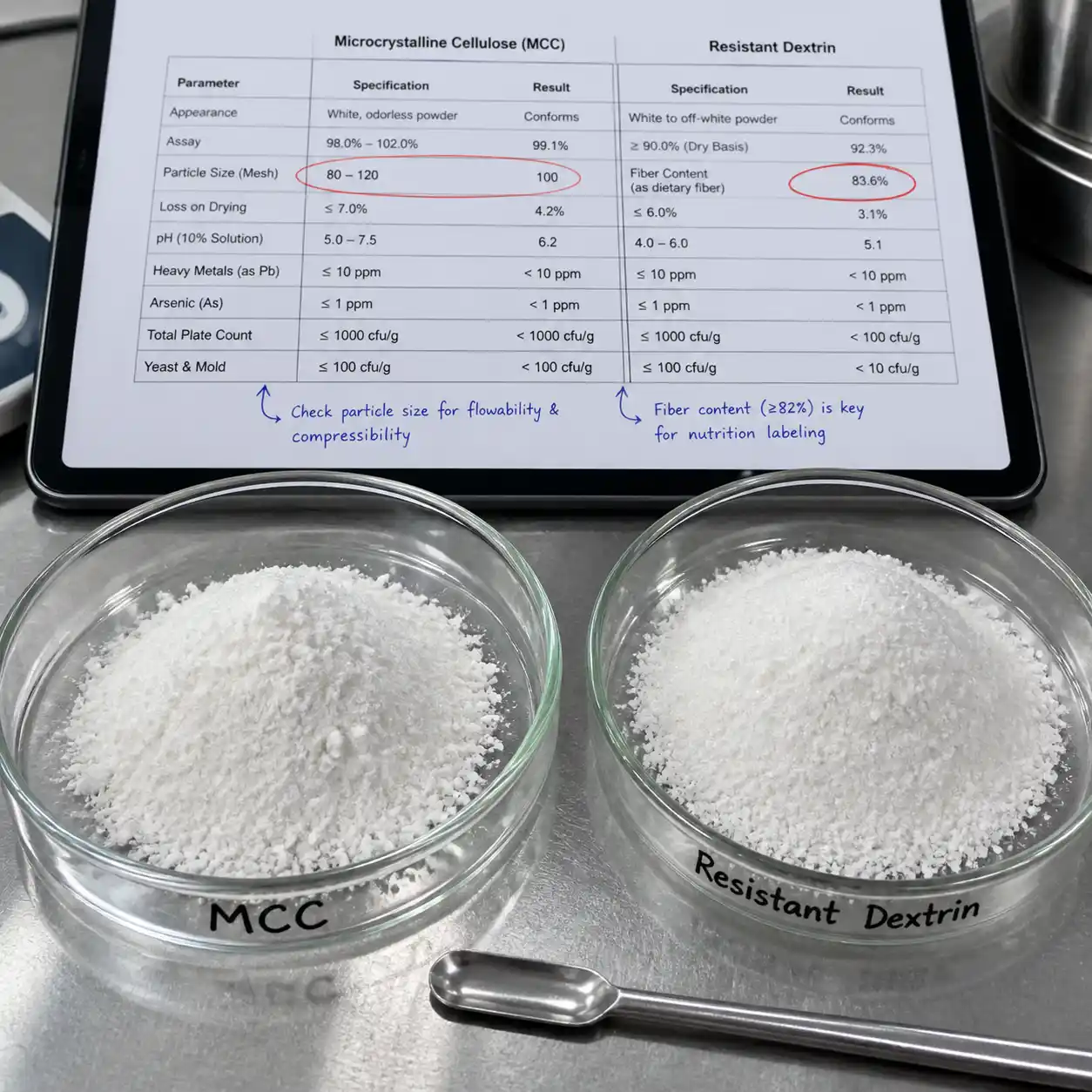 MCC and dextrin powders on bench