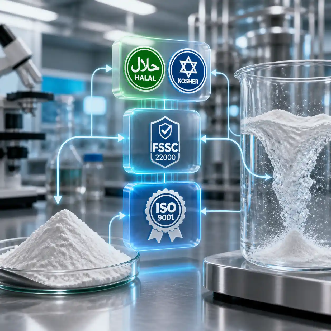 Uma pilha visual de certificações para ingredientes alimentares e farmacêuticos.