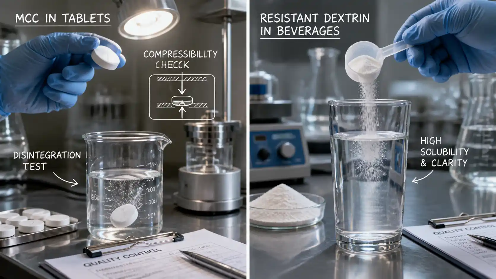 Testing MCC tablets and dextrin beverages