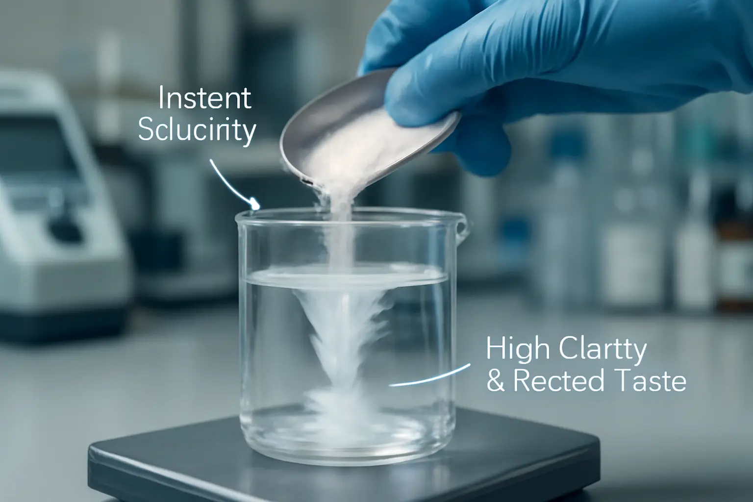 Lab testing the solubility and clarity of resistant dextrin powder.