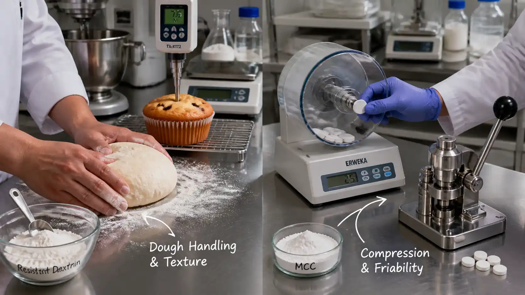 Trials for resistant dextrin in baking and MCC in tablets
