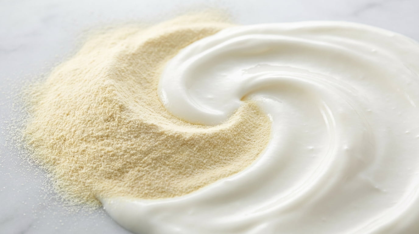 Bubuk dekstrin resisten bercampur sempurna dengan krim yogurt