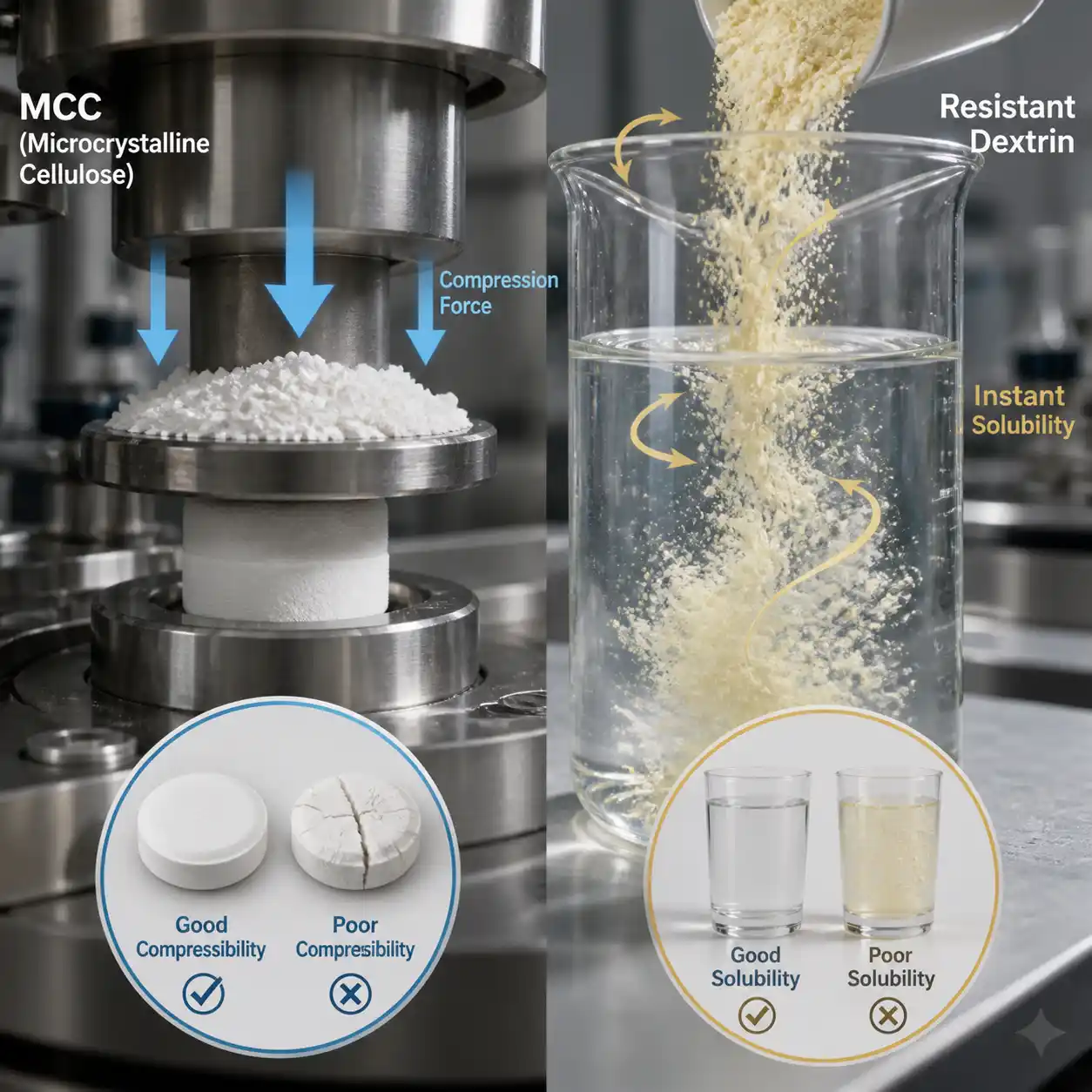 MCC compression properties versus resistant dextrin solubility