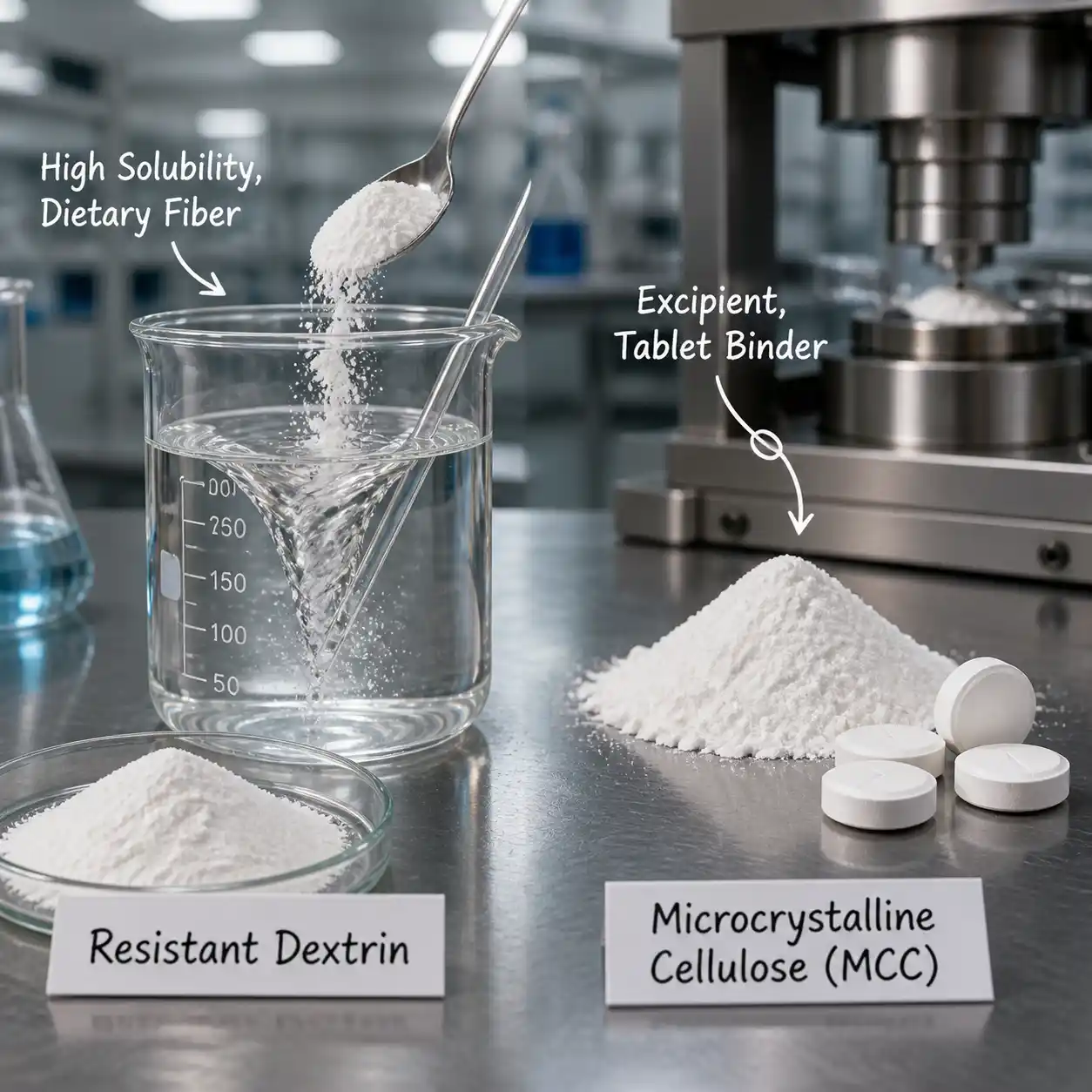 Visual comparison of resistant dextrin powder dissolving and MCC as tablets
