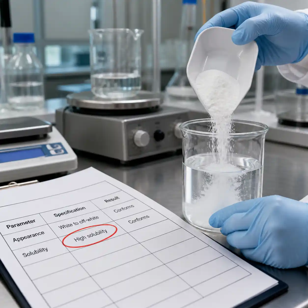 Technician testing dextrin solubility with COA