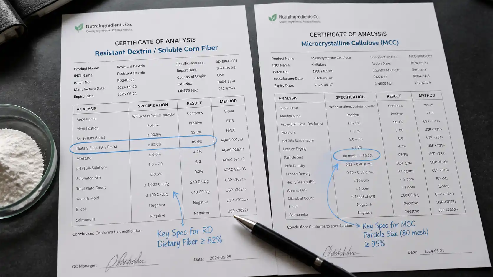 Comparing COA fields for dextrin and MCC