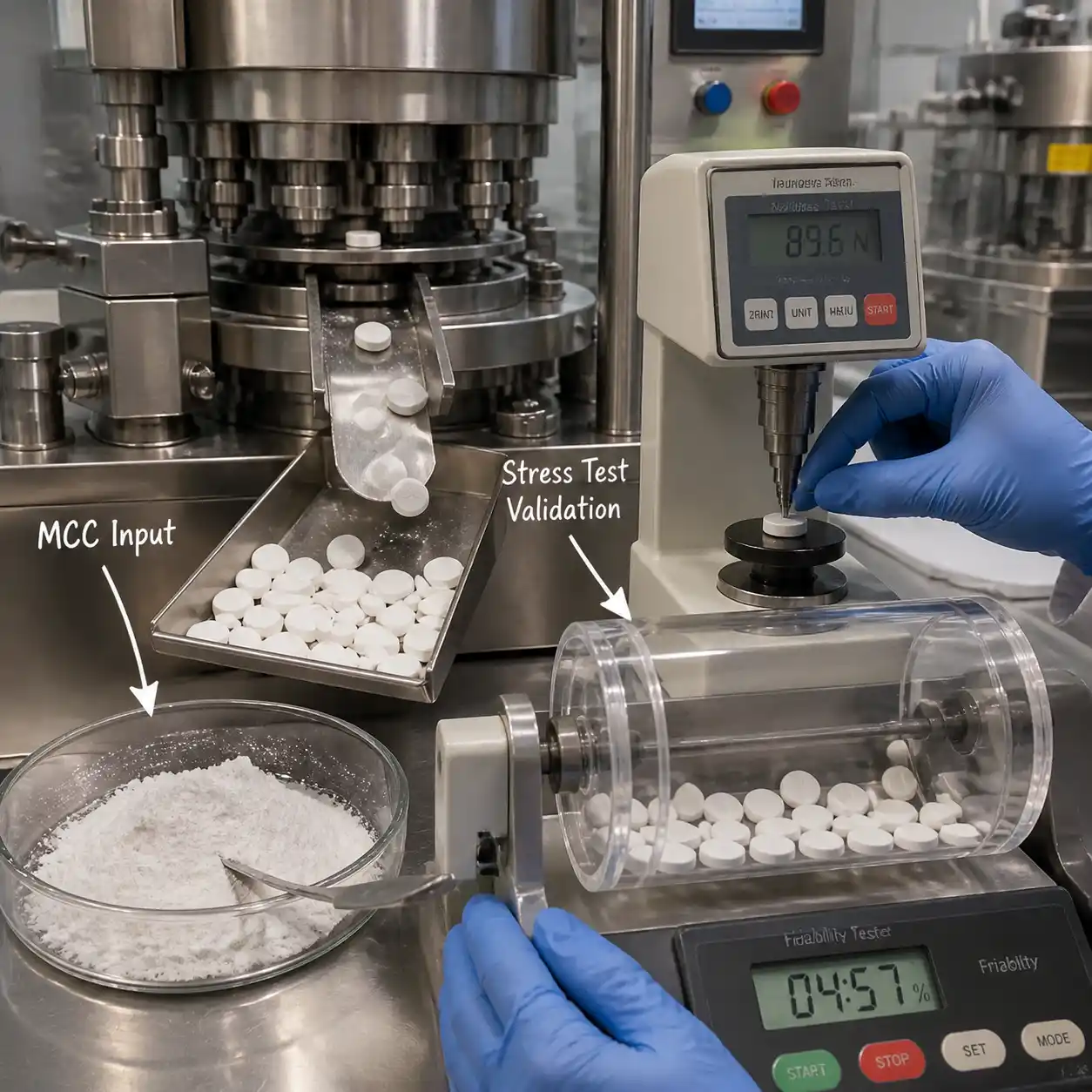Tablet compression and MCC stress testing process