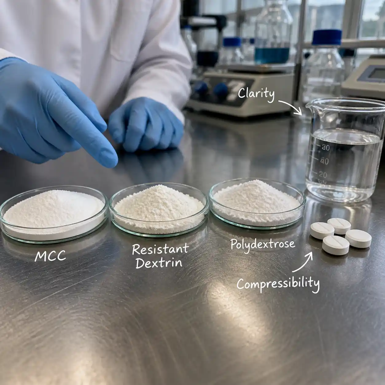 Scientist comparing powders for tablets and drinks