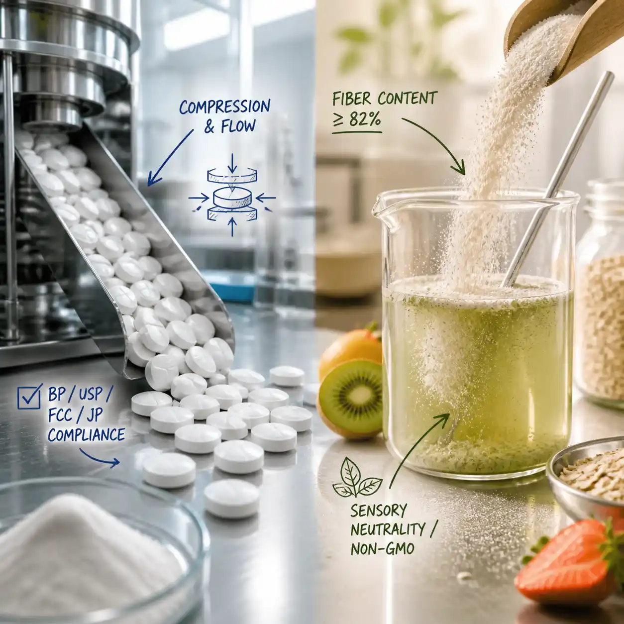 Comparação visual da MCC para uso farmacêutico versus dextrina resistente para suplementos alimentares.