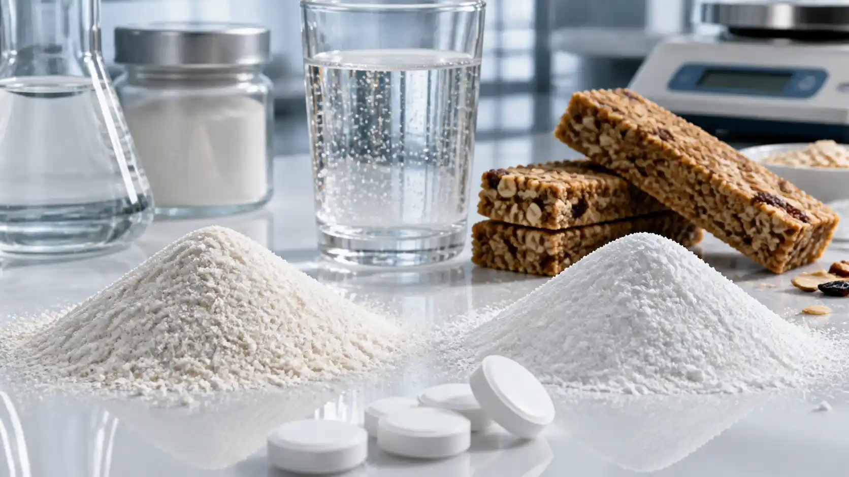 Pós de dextrina resistente e MCC com conceitos de aplicação alimentar.