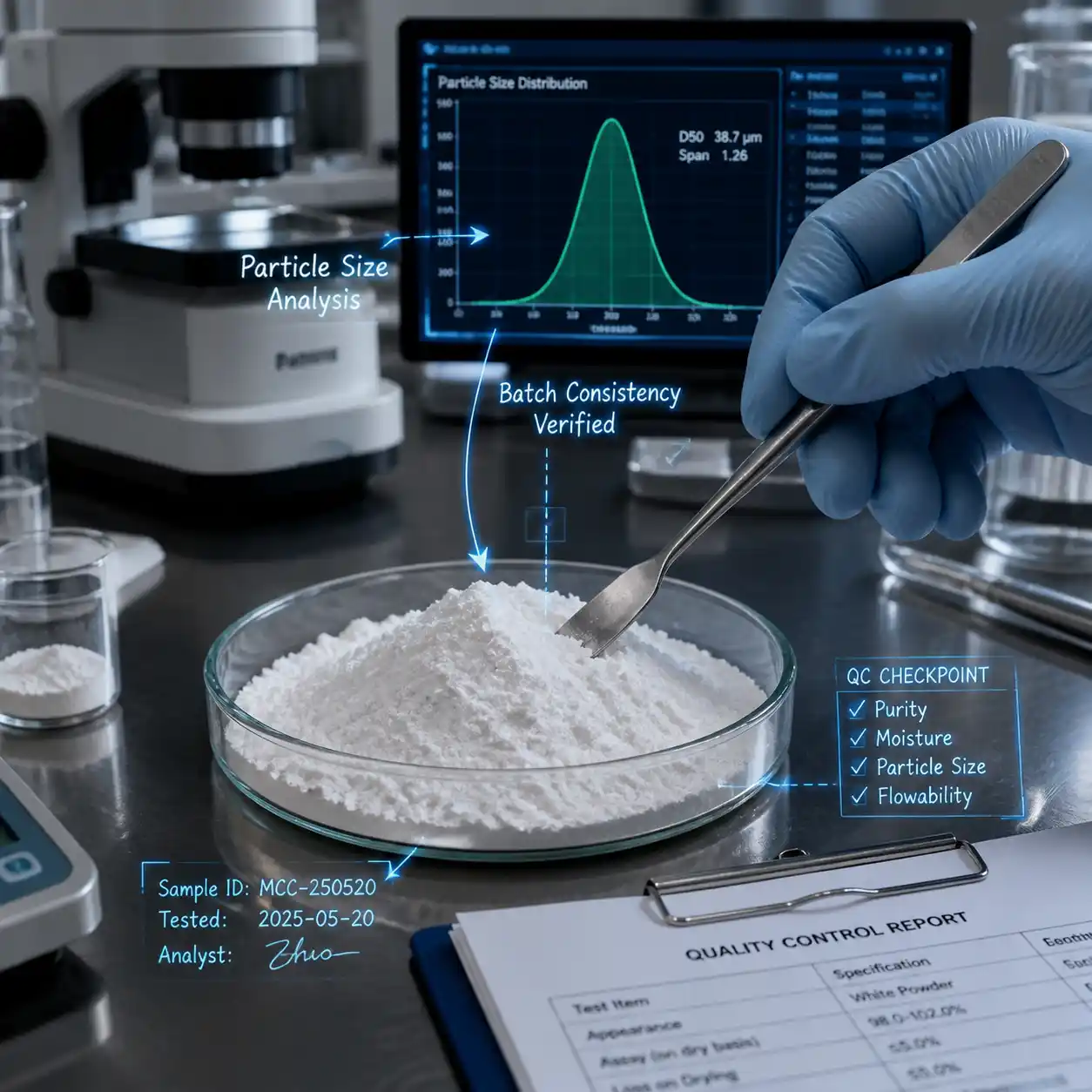 Scientist analyzing powder quality control