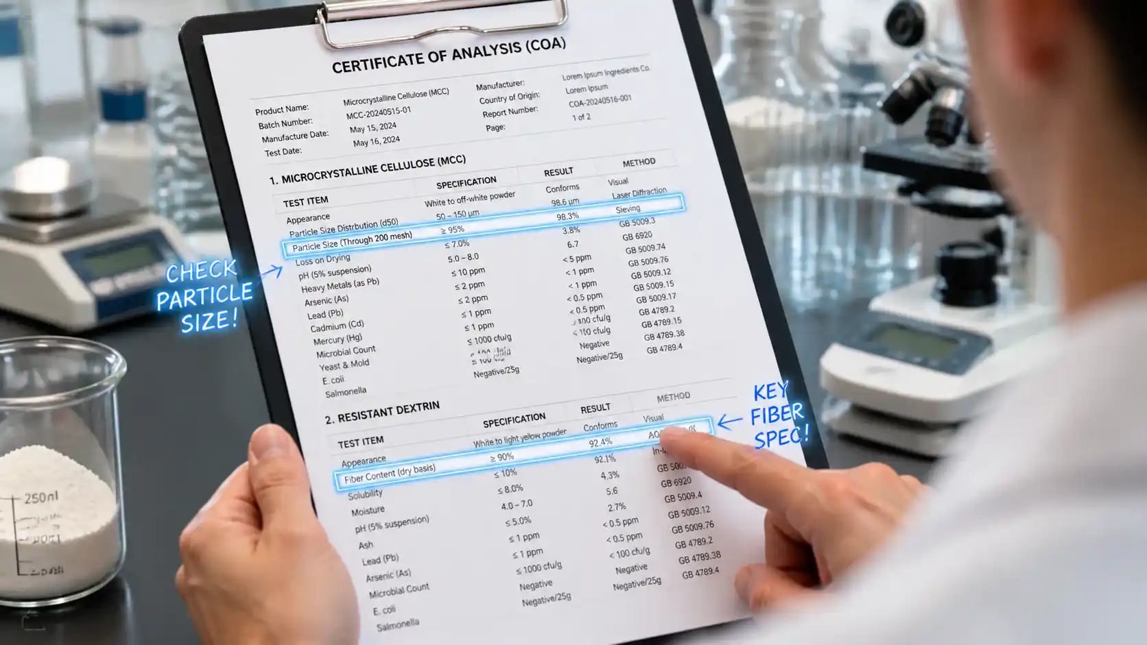 Close-up COA analysis for ingredient specs
