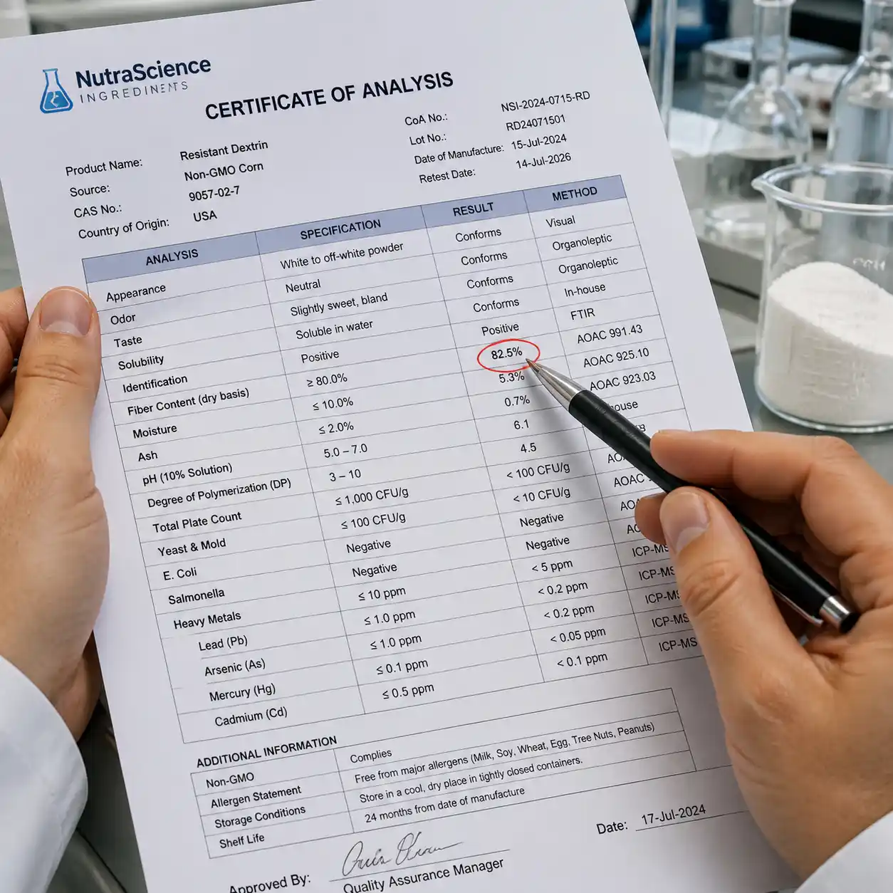 Examining resistant dextrin certificate of analysis